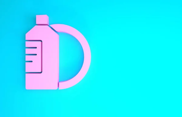 Roze afwasmiddel fles en plaat pictogram geïsoleerd op blauwe achtergrond. Vloeibaar wasmiddel voor de afwas. Minimalisme concept. 3d illustratie 3D renderen — Stockfoto