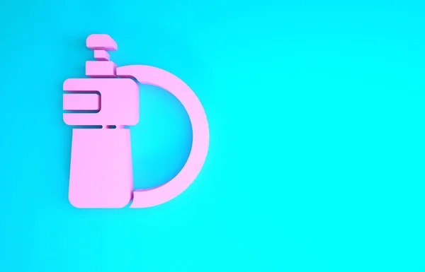 Рожева пляшка для миття посуду та значок тарілки ізольовані на синьому фоні. Рідкий миючий засіб для миття посуду. Концепція мінімалізму. 3D ілюстрація 3D рендеринга — стокове фото