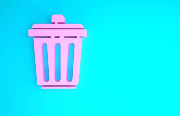 Pink Sampah dapat ikon terisolasi pada latar belakang biru. Tanda tempat sampah. Recycle basket icon. Ikon sampah kantor. Konsep minimalisme. Tampilan 3D ilustrasi 3d — Stok Foto