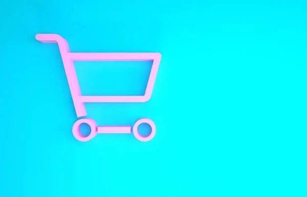 Rosa icono del carrito de compras aislado sobre fondo azul. Concepto de compra en línea. Señal de entrega. Símbolo de cesta de supermercado. Concepto minimalista. 3D ilustración 3D render — Foto de Stock