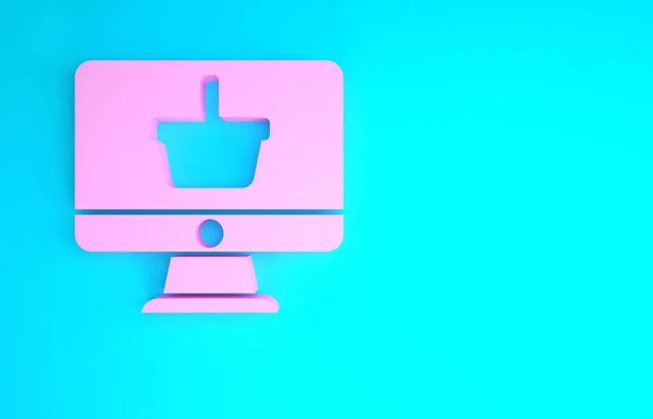 Monitor de ordenador rosa con icono de la cesta de la compra aislado sobre fondo azul. Carrito de compras en línea. Símbolo de cesta de supermercado. Concepto minimalista. 3D ilustración 3D render —  Fotos de Stock