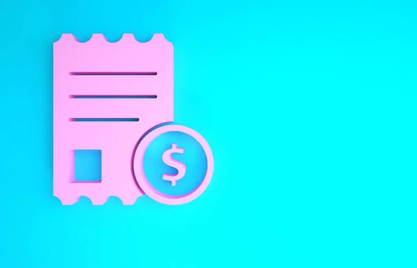 Kontrola růžového papíru a finanční kontrola ikona izolované na modrém pozadí. Papírový šek, stvrzenka z obchodu nebo účet. Minimalismus. 3D ilustrace 3D vykreslení — Stock fotografie