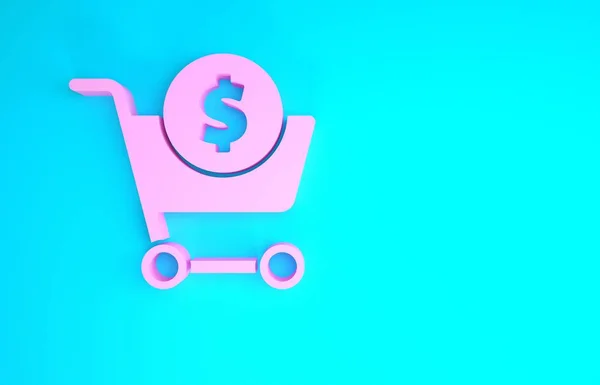 Carrinho de compras rosa e ícone símbolo dólar isolado no fundo azul. Conceito de compra online. Serviço de entrega. Cesta de supermercado. Conceito de minimalismo. 3D ilustração 3D render — Fotografia de Stock