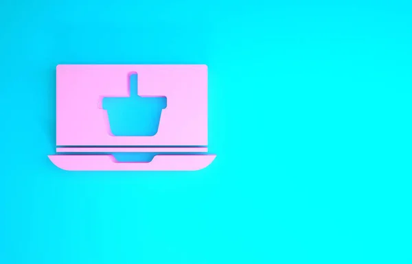 Rosa cesta de la compra en la pantalla del ordenador portátil icono aislado sobre fondo azul. Concepto e-commerce, e-business, marketing online. Concepto minimalista. 3D ilustración 3D render —  Fotos de Stock