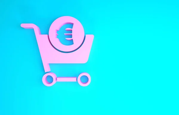 Rosa Cesta de la compra y símbolo de euro icono aislado sobre fondo azul. Concepto de compra en línea. Servicio de entrega. Carro de compras. Concepto minimalista. 3D ilustración 3D render —  Fotos de Stock