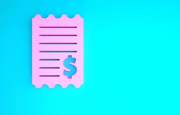 Pink Paper check and financial check icon isolated on blue background. Paper print check, shop receipt or bill. Minimalism concept. 3d illustration 3D render — Stock Photo, Image