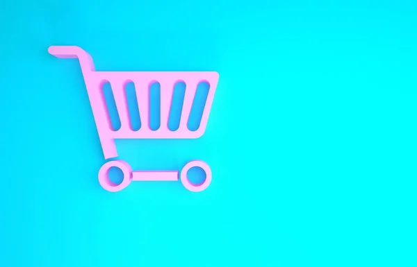 Pink Shopping cart εικονίδιο απομονωμένο σε μπλε φόντο. Online αγοραστική ιδέα. Υπογραφή υπηρεσίας παράδοσης. Σύμβολο καλάθι σούπερ μάρκετ. Μινιμαλιστική έννοια. 3D απεικόνιση 3d καθιστούν — Φωτογραφία Αρχείου