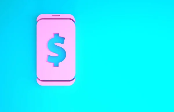 Rózsaszín Okostelefon dollár szimbólum ikon elszigetelt kék alapon. Online vásárlási koncepció. Pénzügyi mobiltelefon. Online fizetés. Minimalizmus koncepció. 3d illusztráció 3D render — Stock Fotó