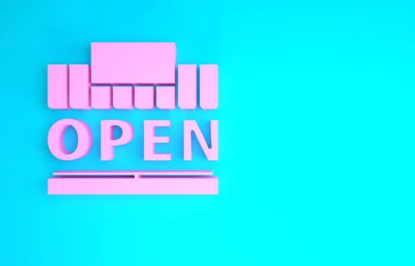 Edifício de compras rosa ou loja de mercado e ícone de texto aberto isolado no fundo azul. Construção de loja. Conceito de minimalismo. 3D ilustração 3D render — Fotografia de Stock