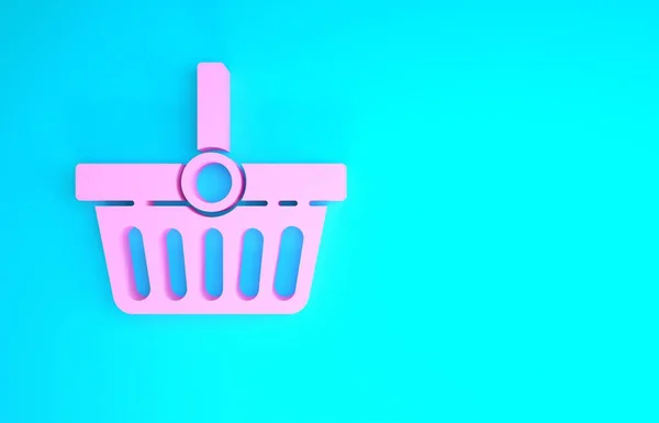 Ícone da cesta de compras rosa isolado no fundo azul. Conceito de compra online. Sinal de serviço de entrega. Carrinho de compras símbolo. Conceito de minimalismo. 3D ilustração 3D render — Fotografia de Stock