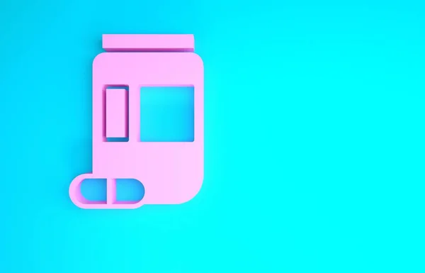 Flacon de médecine rose et icône pilules isolé sur fond bleu. Signe de pilule. Conception de pharmacie. Concept de minimalisme. Illustration 3D rendu 3D — Photo