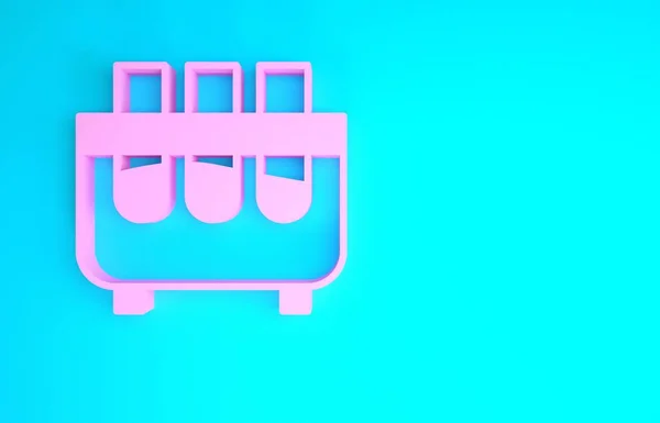 Pink Test tube and flask chemical laboratory test icon isolated on blue background. Signo de cristalería del laboratorio. Concepto minimalista. 3D ilustración 3D render —  Fotos de Stock