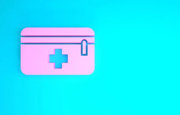 Ícone de kit de primeiros socorros rosa isolado no fundo azul. Caixa médica com cruz. Equipamento médico de emergência. Conceito de saúde. Conceito de minimalismo. 3D ilustração 3D render — Fotografia de Stock