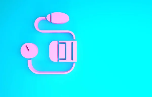 Rózsaszín vérnyomás ikon elszigetelt kék alapon. Minimalizmus koncepció. 3d illusztráció 3D render — Stock Fotó