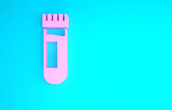 Pinkfarbenes Reagenzglas oder Fläschchen mit Blutsymbol auf blauem Hintergrund. Labor-, Chemie-, wissenschaftliche Glaswaren Zeichen. Minimalismus-Konzept. 3D Illustration 3D Renderer — Stockfoto