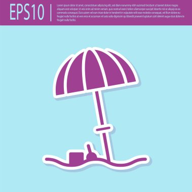 Turkuaz arka planda izole edilmiş plaj ikonu için mor güneş koruyucu şemsiye. Açık alan için büyük bir şemsiye. Plaj şemsiyesi Vektör İllüstrasyonu
