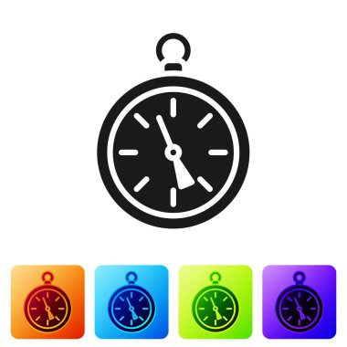 Siyah Pusula simgesi beyaz arkaplanda izole edildi. Rüzgâr yön bulma sembolü. Rüzgar gül işareti. Renkli kare düğmelerle simgeleri ayarla. Vektör İllüstrasyonu