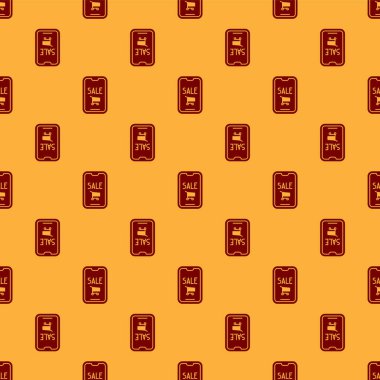 Kırmızı cep telefonu ve alışveriş arabası ikonu kahverengi arka planda izole edilmiş pürüzsüz desen. İnternetten satın alma sembolü. Süpermarket sepeti sembolü. Vektör İllüstrasyonu