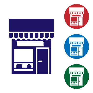 Mavi Alışveriş binası ya da market simgesi beyaz arka planda izole edilmiş. Dükkan inşaatı. Renkli kare düğmelerle simgeleri ayarla. Vektör İllüstrasyonu