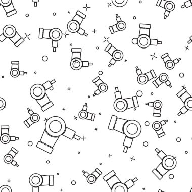 Siyah çizgi saç kurutma ikonu beyaz arka planda kusursuz desen izole etti. Saç kurutma makinesi tabelası. Saç kurutma sembolü. Sıcak hava üflüyor. Vektör İllüstrasyonu