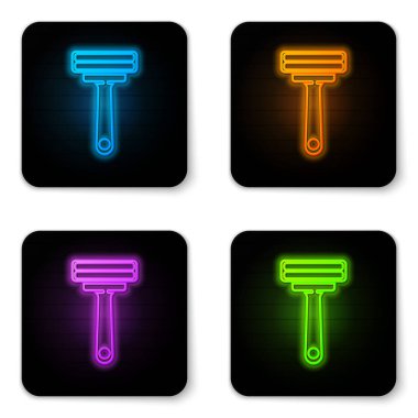 Parlayan neon traş makinesi simgesi beyaz arkaplanda izole edildi. Siyah kare düğme. Vektör İllüstrasyonu