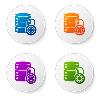 Beyaz arkaplanda kapalı asma kilit simgesine sahip Renk Sunucusu güvenliği. Güvenlik, güvenlik, koruma kavramı. Simgeleri daire düğmelerine ayır. Vektör İllüstrasyonu