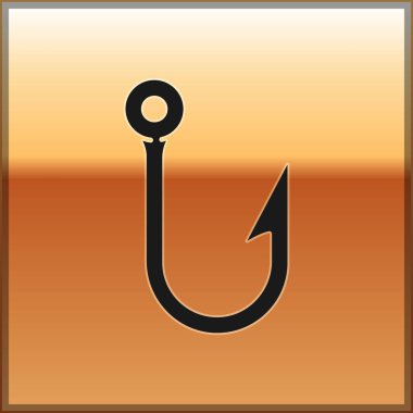 Altın arka planda siyah balık kancası ikonu izole edildi. Balık oltası. Vektör İllüstrasyonu