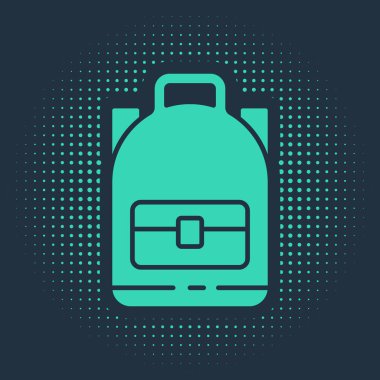 Yeşil Yürüyüş sırt çantası simgesi mavi arkaplanda izole edildi. Kamp ve dağ gezisi sırt çantası. Soyut çember rastgele noktalar. Vektör İllüstrasyonu