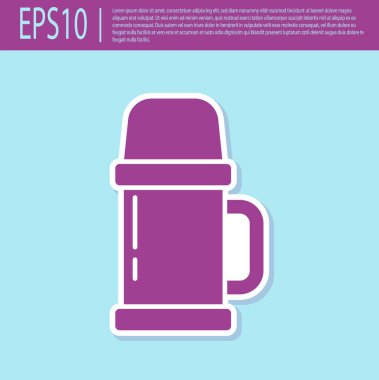 Turkuaz arka planda izole edilmiş mor termos konteynır ikonu. Termo matara ikonu. Kamp ve yürüyüş ekipmanları. Vektör İllüstrasyonu