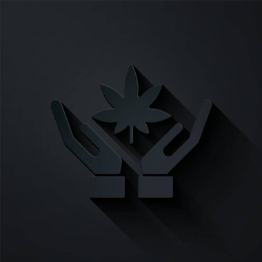 Kağıt kesiği Tıbbi marihuana veya kenevir yaprağı ikonu siyah arka planda izole edilmiş. Kenevir sembolü. Kağıt sanatı tarzı. Vektör İllüstrasyonu