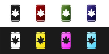 Set Cep telefonu ve tıbbi esrar veya esrar yaprak simgesi siyah ve beyaz arka plan izole. Online satın alma sembolü. Süpermarket sepeti. Vektör İllüstrasyonu