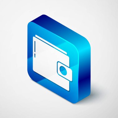 Gri arkaplanda Isometric Cüzdan simgesi izole edildi. Çanta ikonu. Nakit tasarruf sembolü. Mavi kare düğme. Vektör İllüstrasyonu