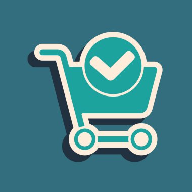 Yeşil alışveriş arabasının yeşil arka planında işaretleme simgesi var. Süpermarket sepeti onaylandı, onaylandı, tik takıldı, tamamlandı. Uzun gölge tarzı. Vektör İllüstrasyonu