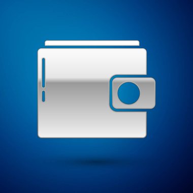 Mavi arka planda gümüş cüzdan simgesi izole edildi. Çanta ikonu. Nakit tasarruf sembolü. Vektör İllüstrasyonu