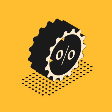 Sarı arkaplanda izole edilmiş% Isometric indirim etiketi simgesi. Etiket alışverişi. Özel teklif işareti. İndirim kuponları sembolü. Vektör İllüstrasyonu