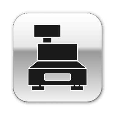 Siyah Kasa, beyaz arka planda izole edilmiş bir çek simgesine sahip. Kasiyer tabelası. Tabut sembolü. Gümüş kare düğme. Vektör İllüstrasyonu