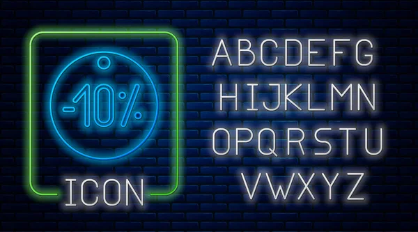 Сяючий Неоновий Десяток Значок Знижки Відсотків Мітки Ізольовані Фоні Цегляної — стоковий вектор