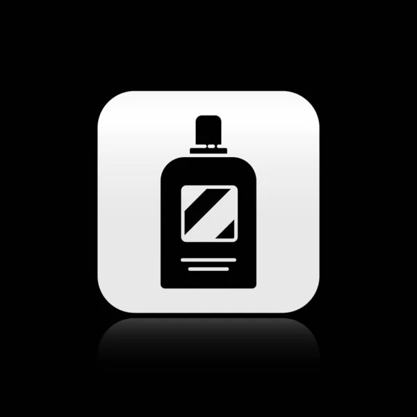 Zwarte Fles Shampoo Pictogram Geïsoleerd Zwarte Achtergrond Zilveren Vierkante Knop — Stockvector