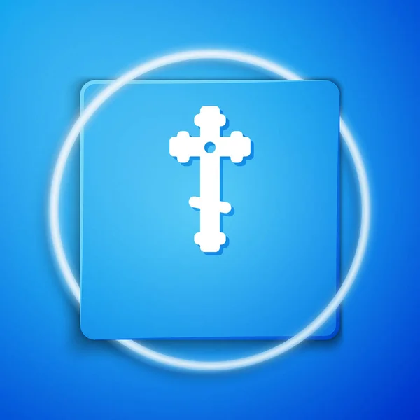 青の背景に白のキリスト教徒の十字架のアイコン 教会の十字架 青い四角形のボタン ベクターイラスト — ストックベクタ