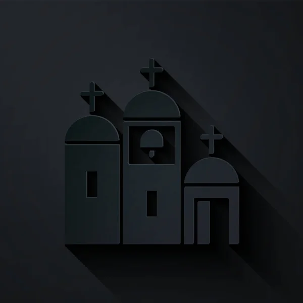 ペーパーカット教会の建物のアイコンは黒の背景に隔離された キリスト教会 教会の宗教 紙のアートスタイル ベクターイラスト — ストックベクタ
