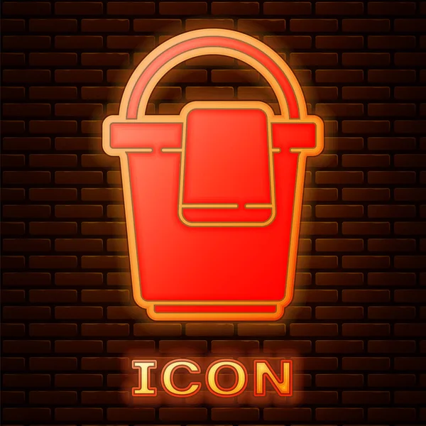 Glowing Neon Bucket Rag Icon Isolated Brick Wall Background Cleaning — Stock Vector