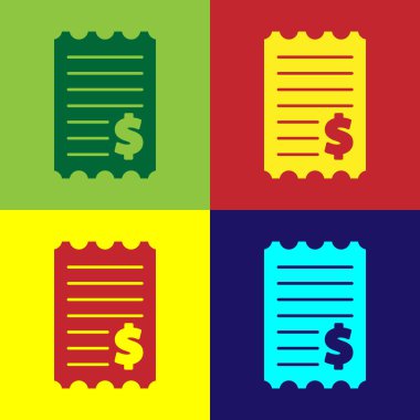 Pop Art Kağıt Kontrolü ve finansal kontrol simgesi renkli arkaplanda izole edildi. Kağıt baskı çeki, makbuz ya da fatura. Vektör İllüstrasyonu