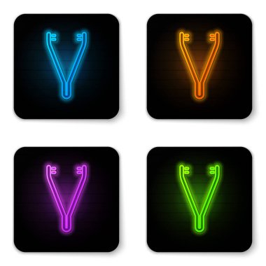 Parlayan neon cımbız ikonu beyaz arka planda izole edilmiş. İlaç ve sağlık. Anatomik cımbız. Siyah kare düğme. Vektör İllüstrasyonu