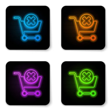 Parlayan neon, beyaz arkaplanda izole edilmiş alışveriş arabası simgesini kaldır. İnternetten satın alma konsepti. Teslimat servisi. Süpermarket sepeti ve X işareti. Siyah kare düğme. Vektör İllüstrasyonu