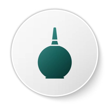 Yeşil Enema simgesi beyaz arkaplanda izole edildi. Plastik uçlu bir düşman. Tıbbi armut. Beyaz daire düğmesi. Vektör İllüstrasyonu