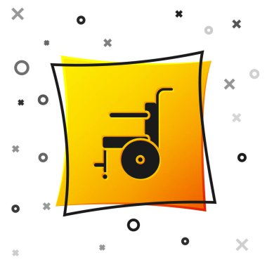 Özürlü kişi simgesi için siyah tekerlekli sandalye beyaz arkaplanda izole edildi. Sarı kare düğme. Vektör İllüstrasyonu