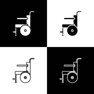Siyah ve beyaz arkaplanda izole edilmiş engelli kişi simgesi için tekerlekli sandalyeyi ayarla. Vektör İllüstrasyonu
