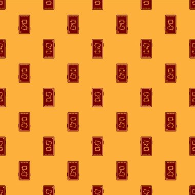 Kırmızı kelimeyi yay, cep telefonu simgesine megafon koy kahverengi arka planda pürüzsüz desen izole et. Vektör İllüstrasyonu