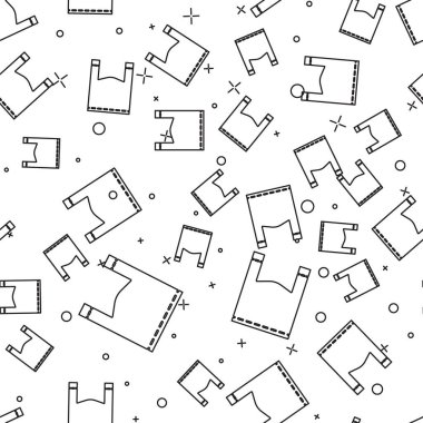 Siyah çizgi plastik torba simgesi beyaz arka planda izole edilmiş kusursuz desen. Tek kullanımlık selofan ve politen paket yasaklama işareti. Vektör İllüstrasyonu