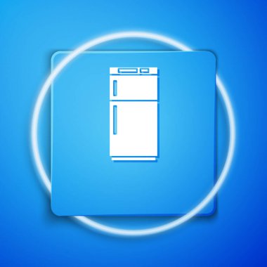 Beyaz Buzdolabı simgesi mavi arka plan üzerinde izole. Buzdolabı dondurucu buzdolabı. Ev teknolojisi ve aletleri. Mavi kare düğmesi. Vektör İllüstrasyonu